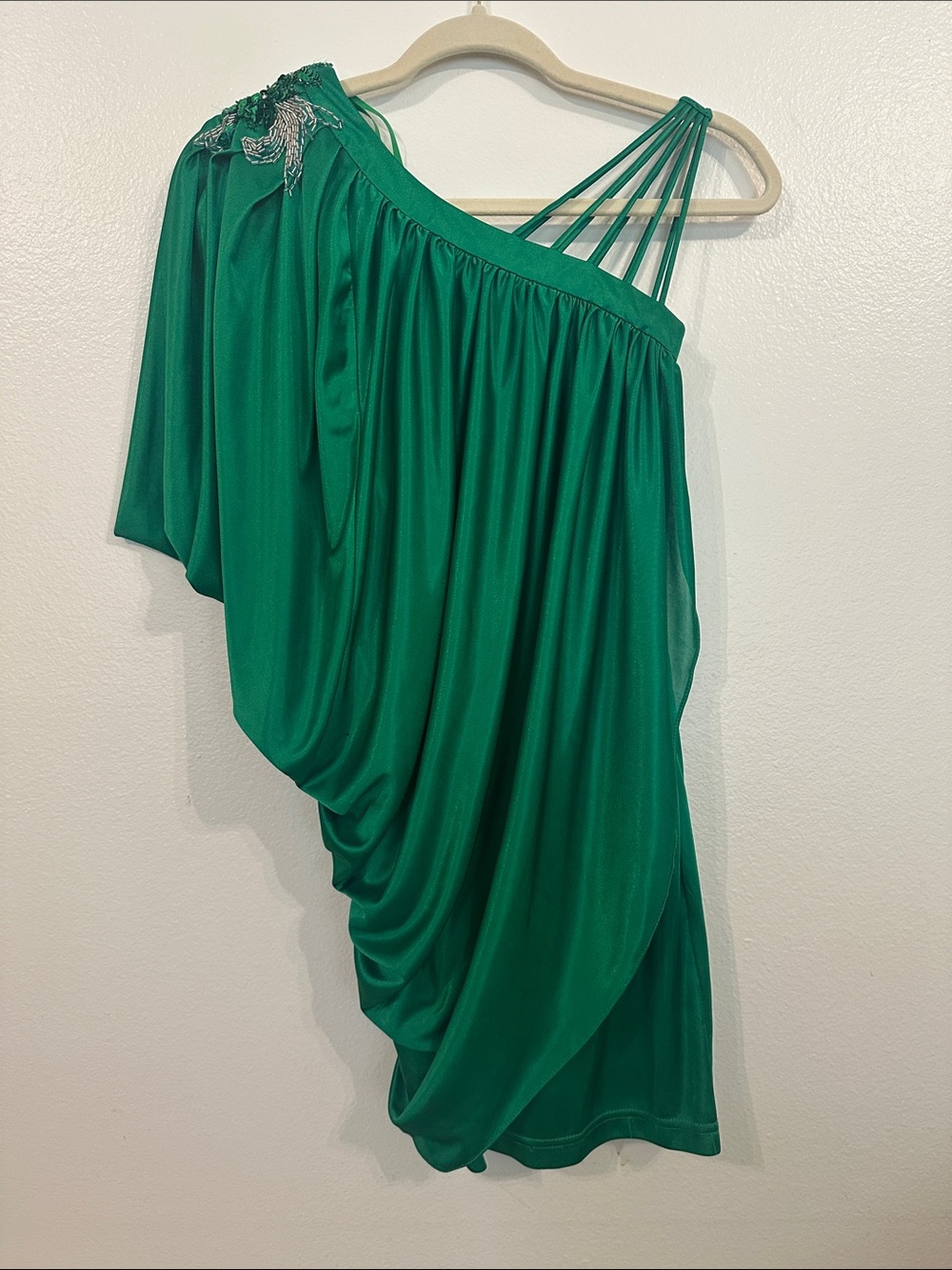 Adrianna Papell Emerald One-Shoulder Draped Dress with Multi-Strap Detail